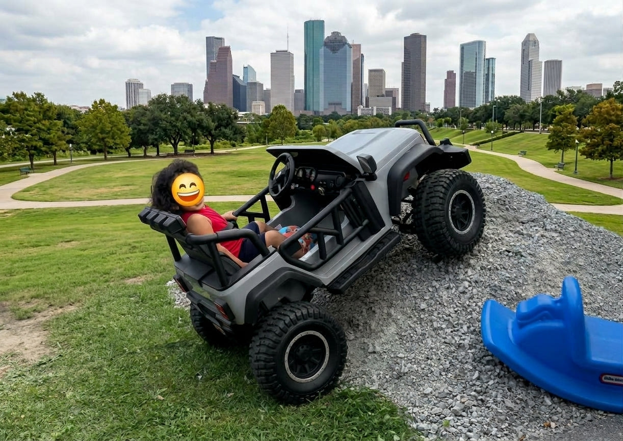 child riding a 24v jeep, 24v jeep is lifted comes with big wheels
