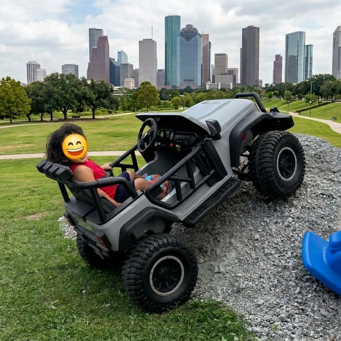 child riding a 24v jeep, 24v jeep is lifted comes with big wheels