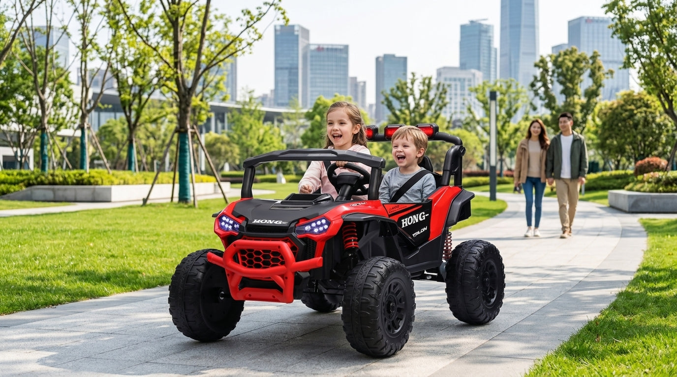 Kids Riding 24V Blazer UTV in a park