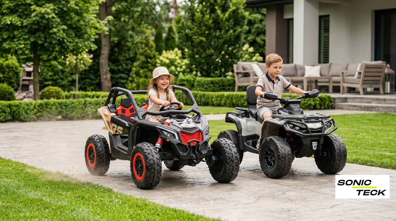 Two kids riding a Can-Am Maverick and Can-Am Outlander 24V ride-on outdoors, showing premium 4x4 styling, rubber tires, and realistic off-road design.