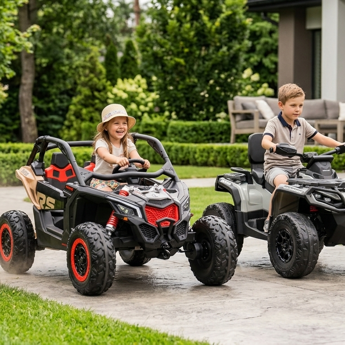 Two kids riding a Can-Am Maverick and Can-Am Outlander 24V ride-on outdoors, showing premium 4x4 styling, rubber tires, and realistic off-road design.
