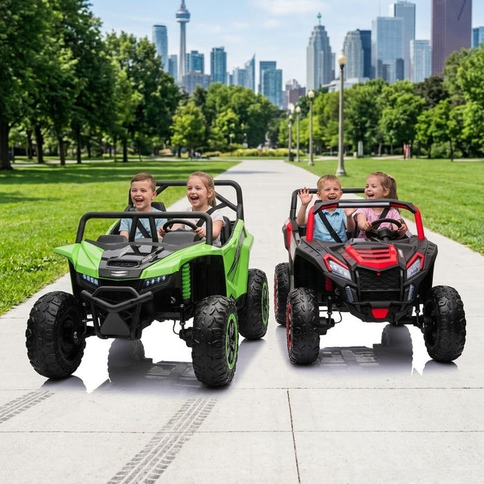 Two children riding SonicTeck Apex XXL and Turbo XXL 24V kids UTVs in a Canadian park with a city skyline in the background.