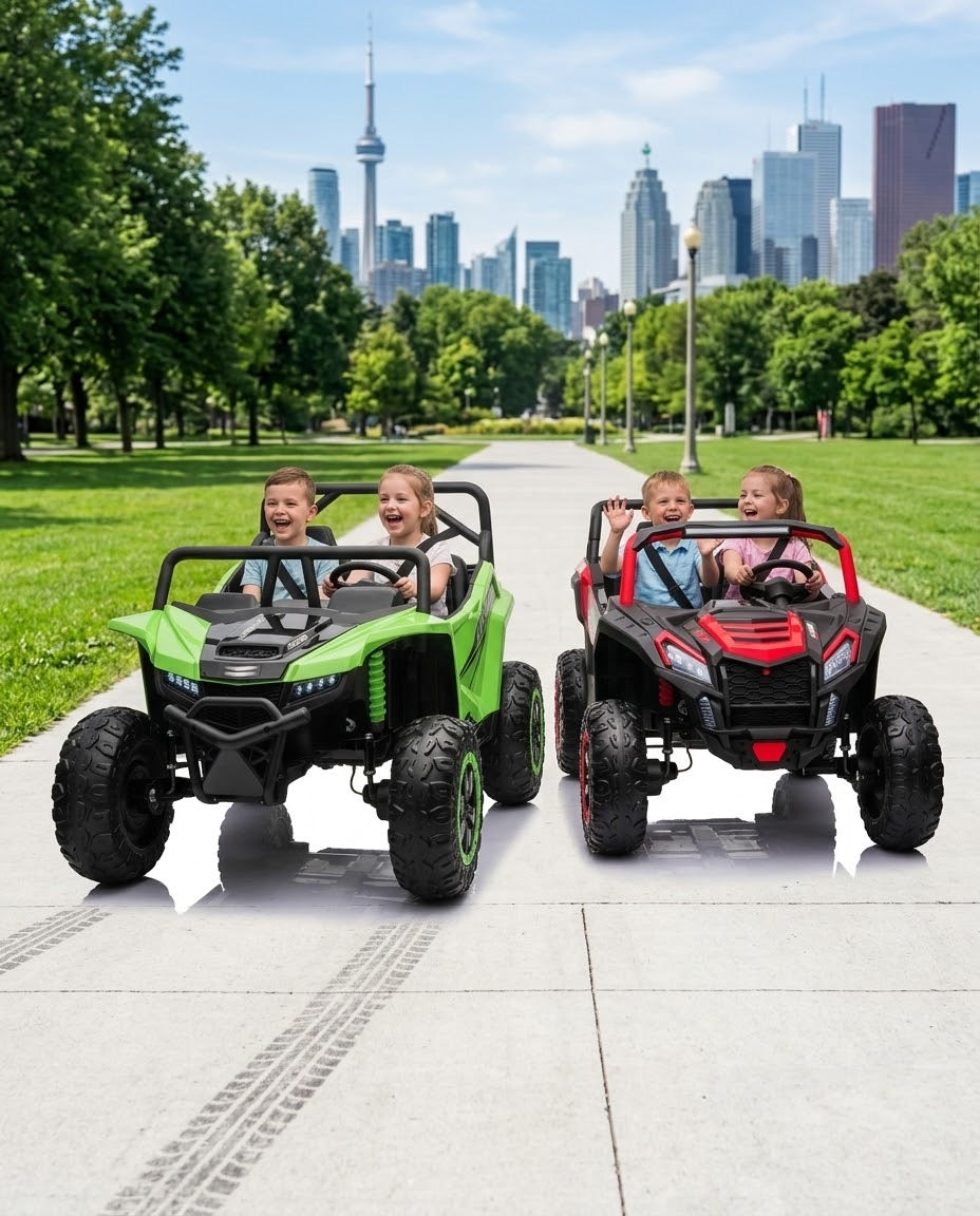 Two children riding SonicTeck Apex XXL and Turbo XXL 24V kids UTVs in a Canadian park with a city skyline in the background.