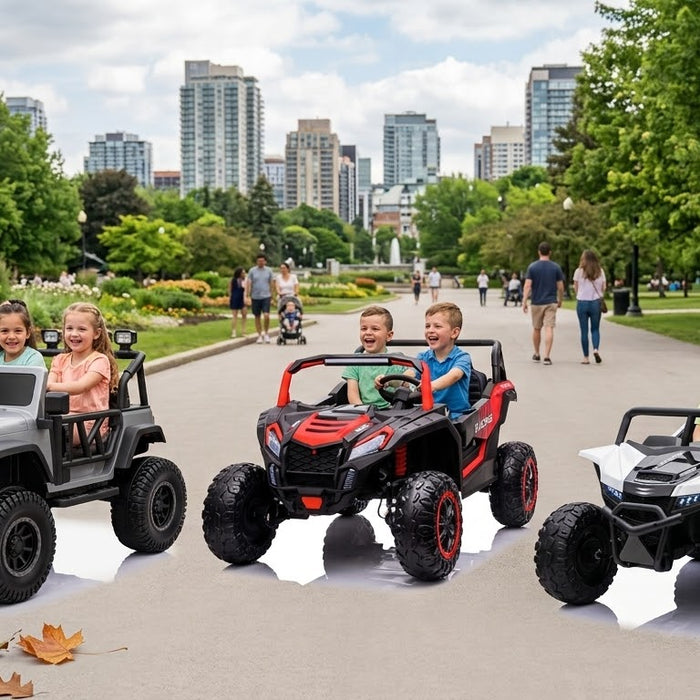 Six children enjoying SonicTeck 24V kids’ ride-on cars at a city park, with parents walking in the background and a modern cityscape.