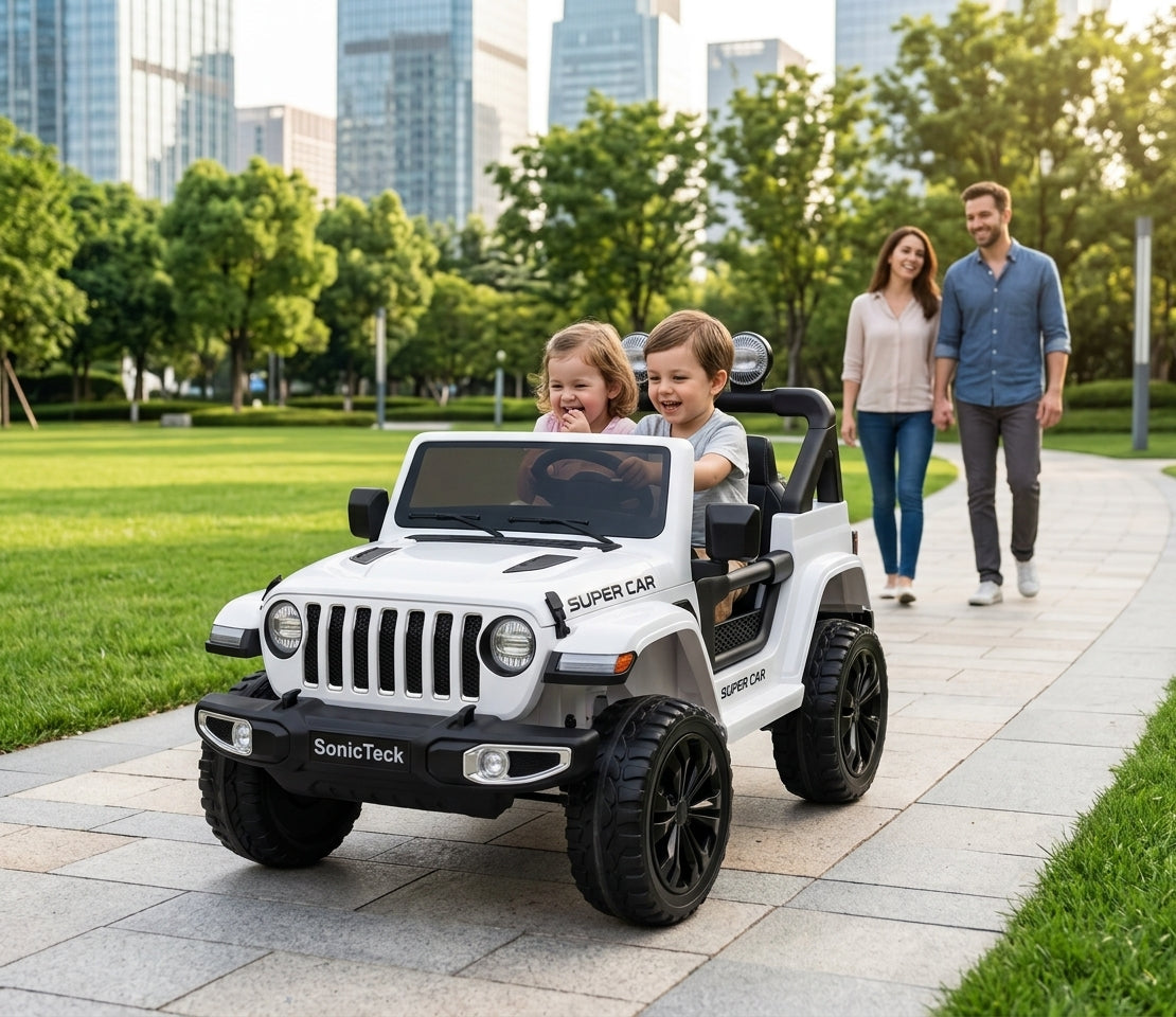two children Riding SonicTeck's Jeep Rubicon ride-on in the park 