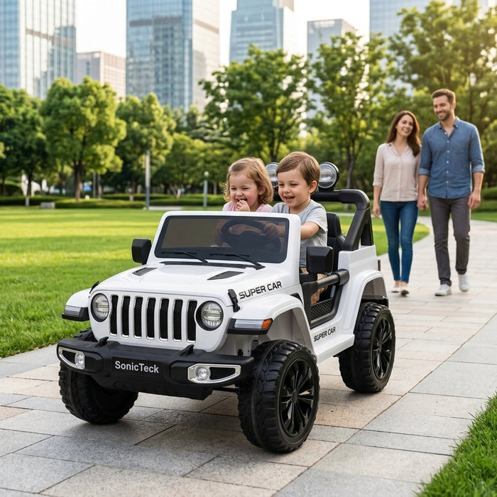 two children Riding SonicTeck's Jeep Rubicon ride-on in the park 