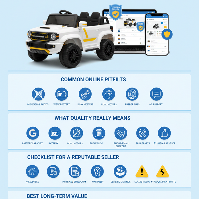 Parent evaluating different children’s battery-powered ride-on cars online, highlighting differences in build quality, battery size, and features before purchase decision.