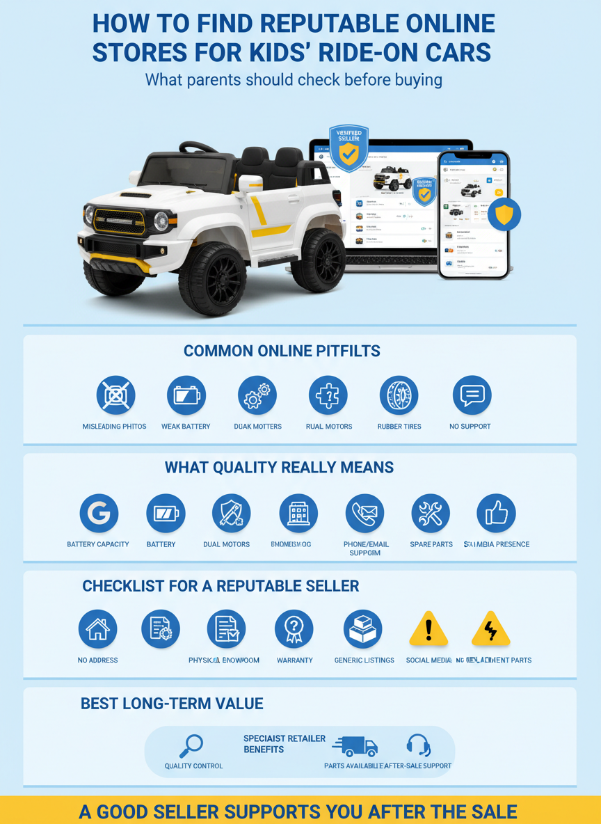 Parent evaluating different children’s battery-powered ride-on cars online, highlighting differences in build quality, battery size, and features before purchase decision.