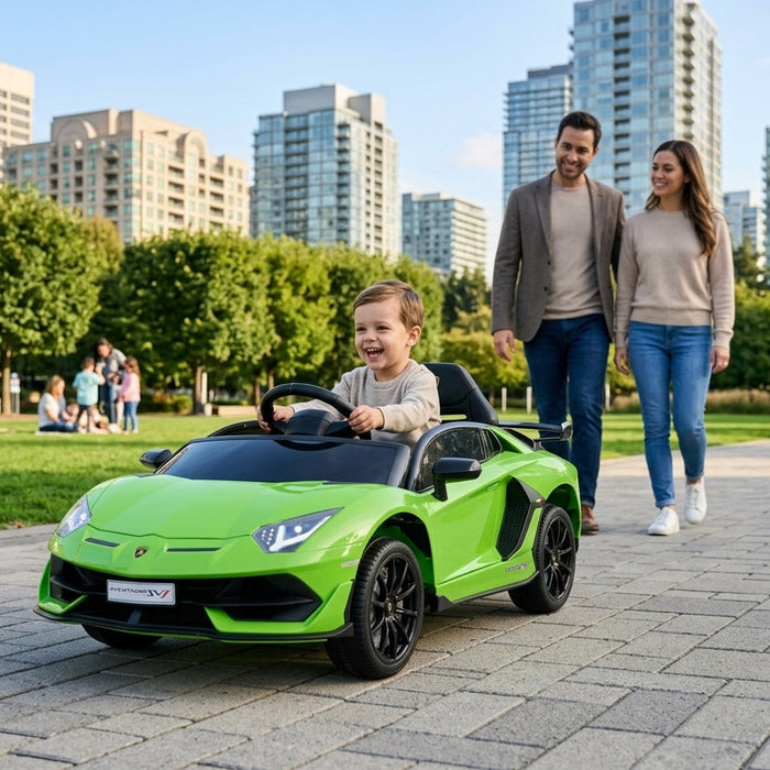 child Riding a green Lamborghini Aventador SVJ 12V in the park