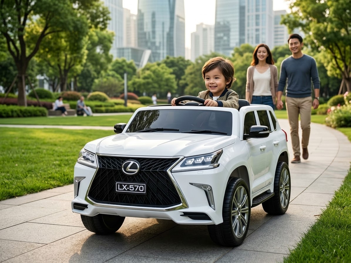 SonicTeck Lexus LX 570 kids ride-on car featuring a happy child driving through a beautiful green city park while parents walk behind and a modern city skyline fills the background. A premium electric ride-on SUV for kids