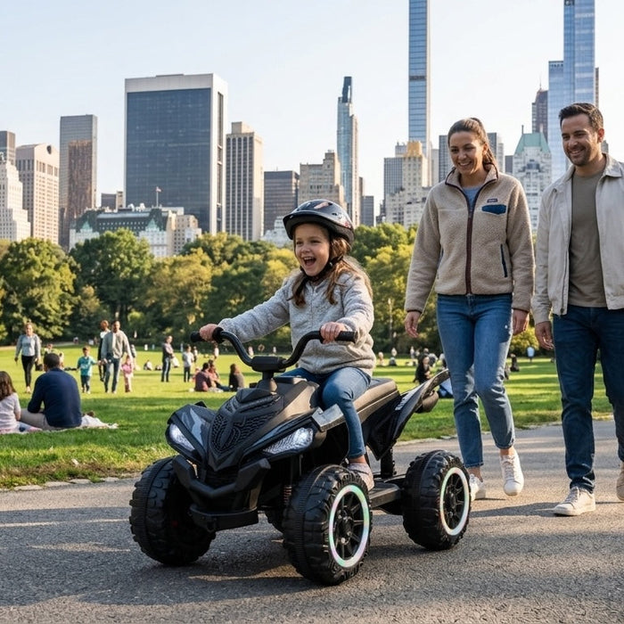 child riding 24v atv in the park