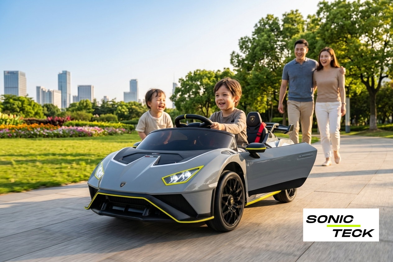 A happy child driving an officially licensed gray Lamborghini Huracán STJ kids' ride-on car on a park pathway, with illuminated LED headlights, an open side door, and a smiling family in the background.
