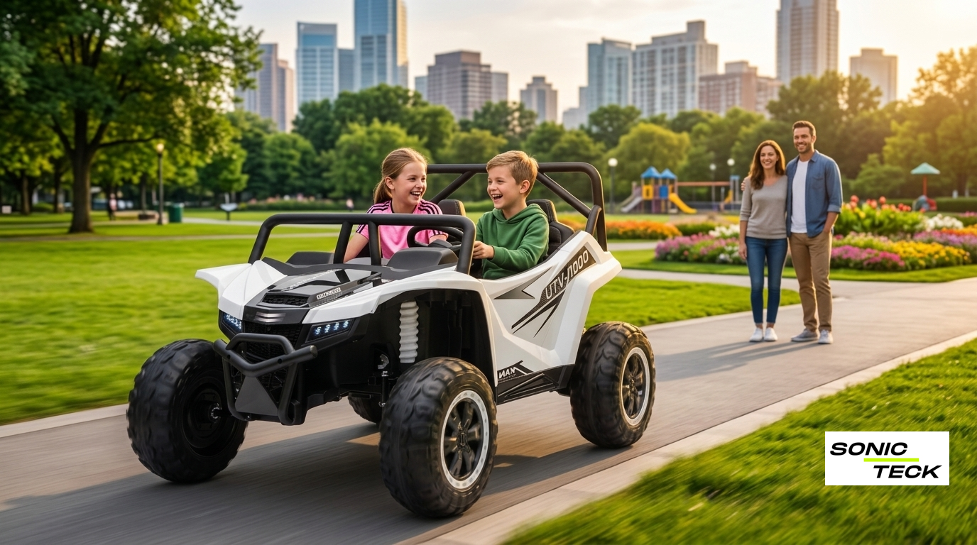 2 children riding and having the Apex XXL UTV by SonicTeck in the park