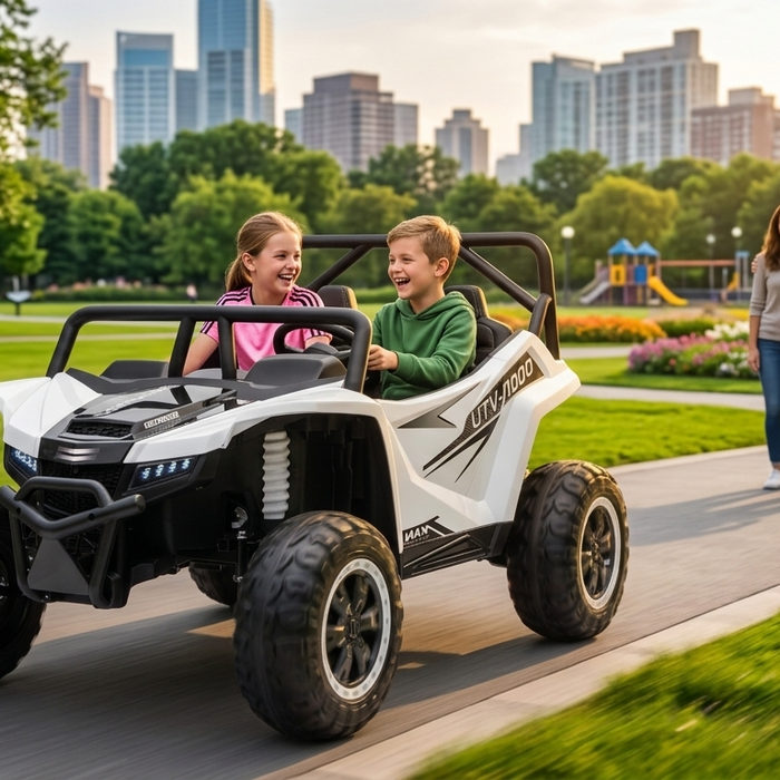 2 children riding and having the Apex XXL UTV by SonicTeck in the park