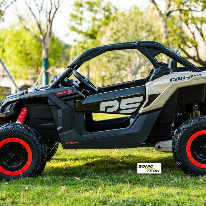 Licensed 24V Can-Am Maverick kids ride-on UTV by SonicTeck featuring 4x4 motors, EVA rubber tires, leather seats, LED lights, and premium off-road styling in Canada