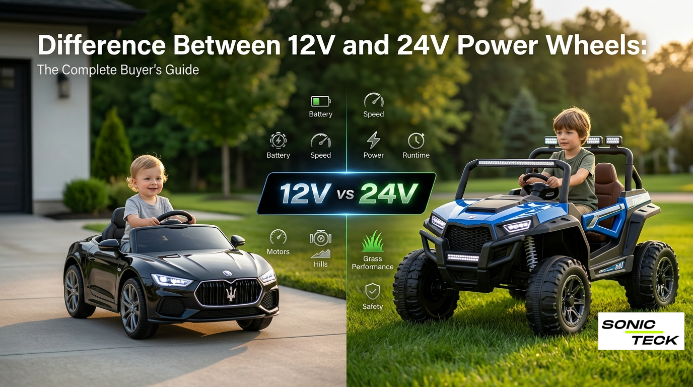 Side-by-side comparison of a 12V and 24V Power Wheels ride-on car showing the differences in size, speed, power, battery performance, and off-road capability for kids.