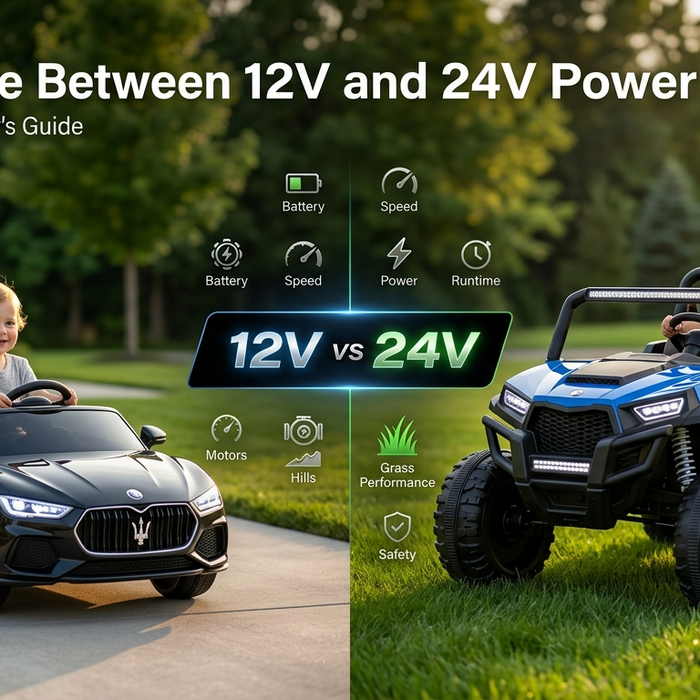 Side-by-side comparison of a 12V and 24V Power Wheels ride-on car showing the differences in size, speed, power, battery performance, and off-road capability for kids.