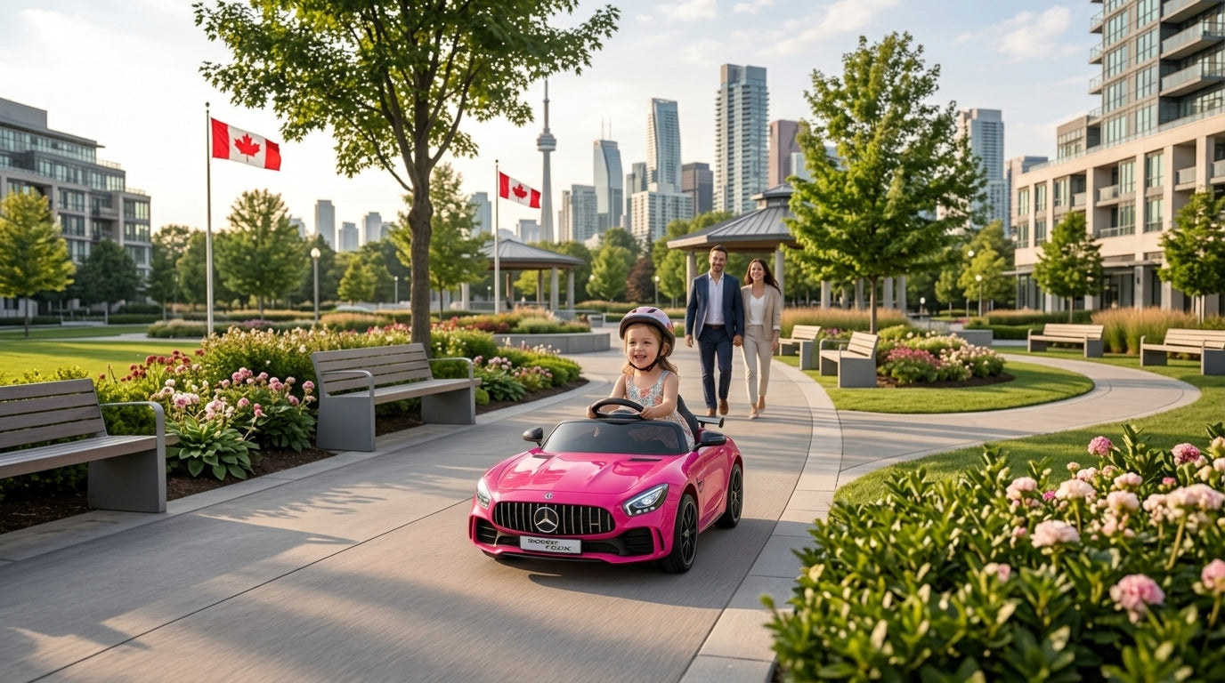 child riding a Pink Mercedes Benz GTR 12V Kids ride-on in a park 