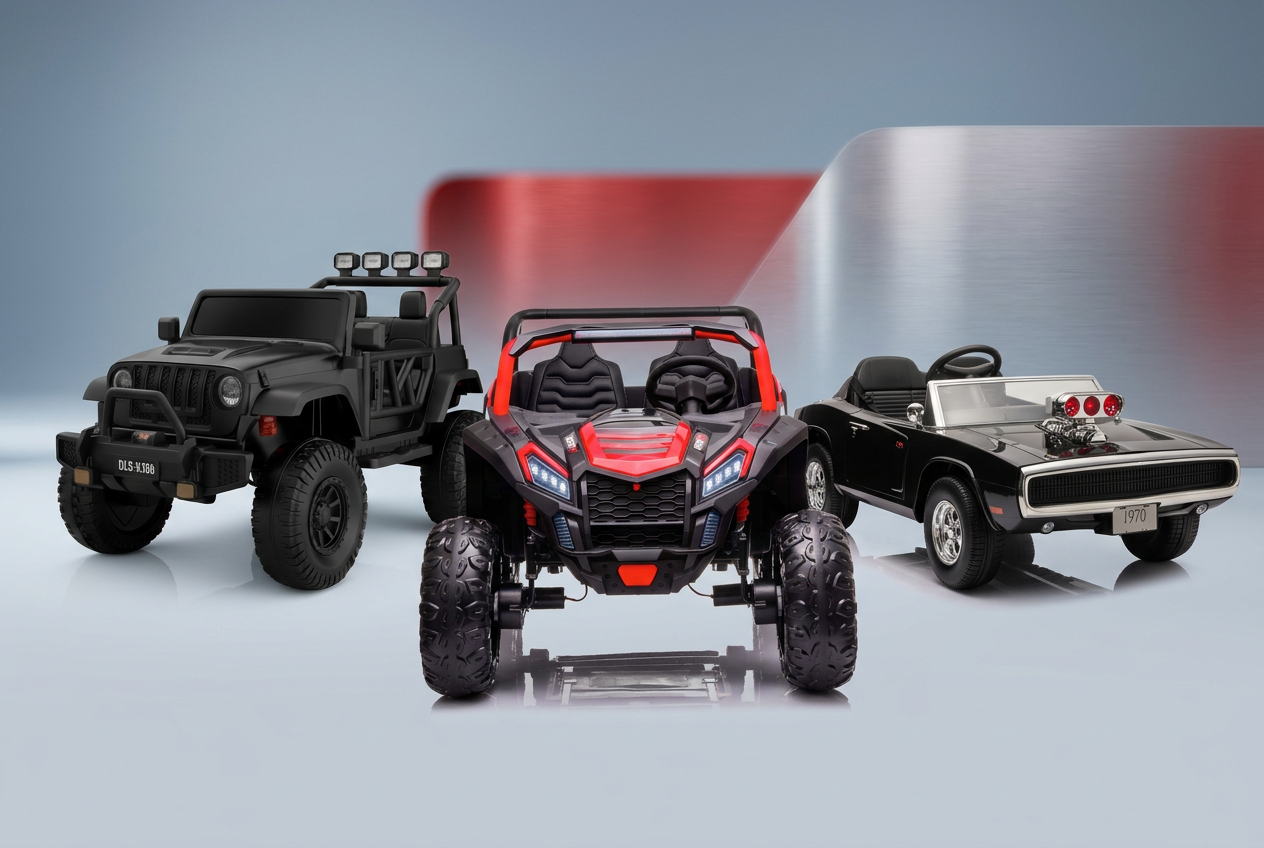 Sonic Teck kids ride-on lineup featuring a black Monster Jeep, red-and-black Turbo XXL UTV and black Dodge Charger.