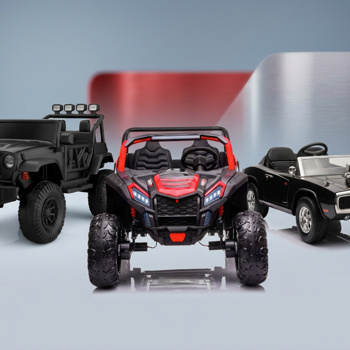 Sonic Teck kids ride-on lineup featuring a black Monster Jeep, red-and-black Turbo XXL UTV and black Dodge Charger.