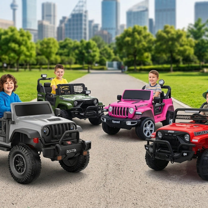Four SonicTeck kids' ride-on Jeeps with children enjoying a ride through a park, featuring a scenic city skyline in the background.
