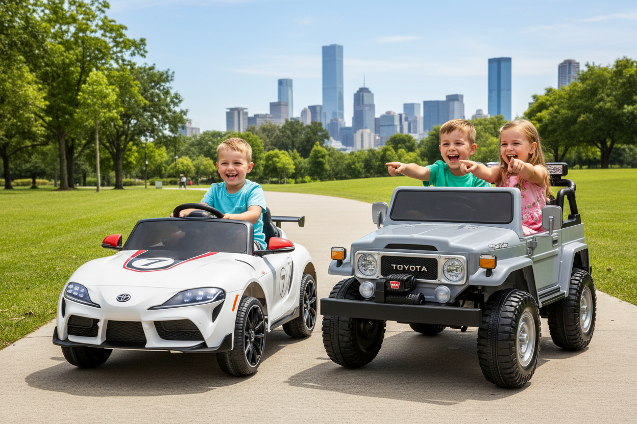 Kids riding Toyota GR Supra GT4 and Toyota Land Cruiser 24V 4x4 electric ride-on cars at a park with a city background
