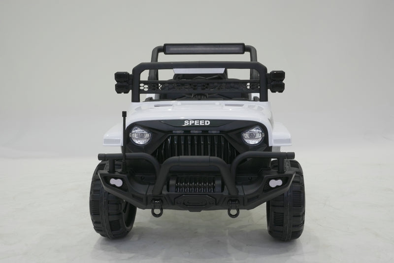 White ride-on Jeep Wrangler with LED headlights for kids