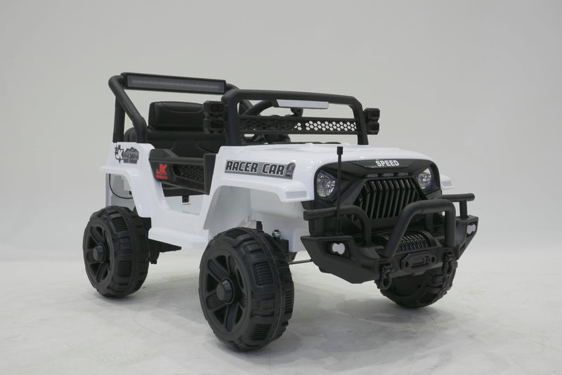 Side profile of white kids electric Jeep Wrangler ride-on