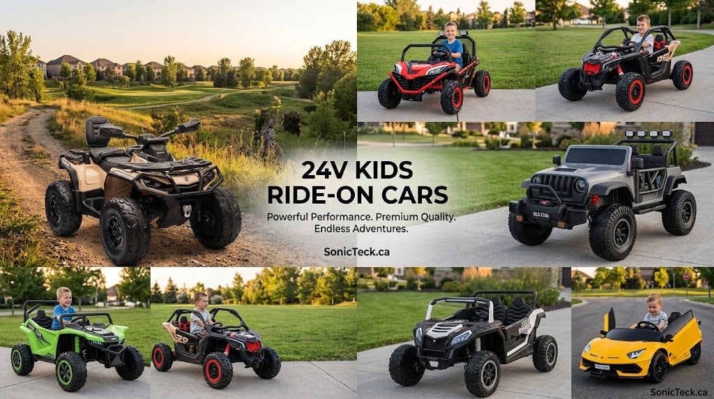 A collage of multiple ride-on vehicles shown outdoors and on driveways, with children sitting inside some of them. Large central text reads '24V KIDS RIDE-ON CARS' with smaller descriptive copy and SonicTeck branding.