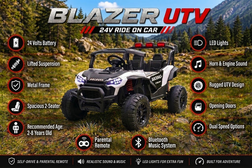 A promotional graphic for the Blazer UTV 24V Ride On Car, showing the vehicle in an outdoor mountain forest setting with feature callouts and text overlays detailing its specifications.