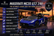 A promotional graphic for a Maserati MC20 GT2 24V toy car, showing a blue Maserati MC20 GT2 replica on a sunset beach background. The left side features a list of features in blue boxes, and the bottom features a row of feature icons with text.