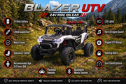 A promotional graphic for the Blazer UTV 24V Ride On Car, showing the vehicle in an outdoor mountain forest setting with feature callouts and text overlays detailing its specifications.