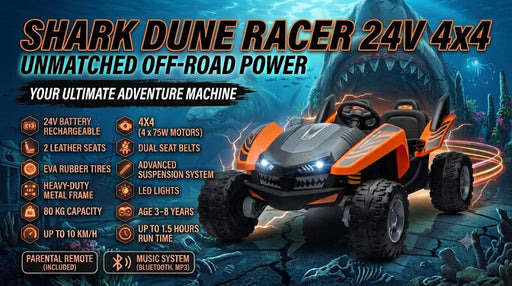 Promotional graphic for a Shark Dune Racer 24V 4x4 off-road electric vehicle, showing the vehicle in a dark underwater scene with a shark fin and large text listing features and specifications.