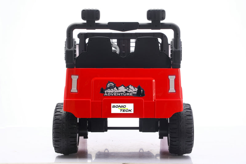 Rear view of a 24V kids Jeep with realistic design and spacious 2-seater body