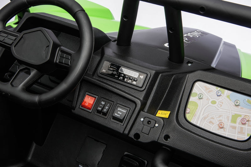Bluetooth music stereo system in the Apex XXL 24V ride-on UTV.