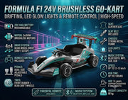 Promotional infographic for a Formula F1 24V Brushless Go-Kart, showing a teal and silver race car on a neon-lit track with feature callouts in English.