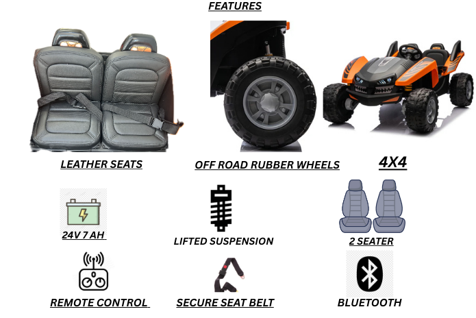 Shark Dune Racer 24V 4x4 Ride-On Car – 2-Seater Kids Electric Dune Buggy with Rubber Wheels, Leather Seats, and Metal Chassis