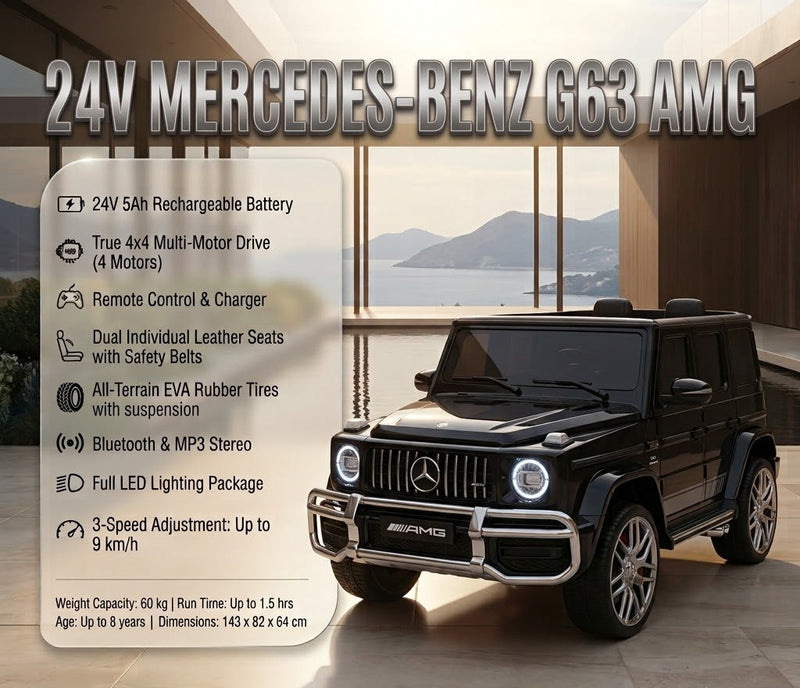 24V Mercedes Benz G63 AMG 2 Seater G-Wagon Kids Ride-on Car 4x4 Rubber Tires Leather Seats