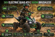 A child wearing a green helmet and riding suit rides a green and black electric quad ATV on a dirt path, surrounded by feature callout graphics with text such as battery, motor, tires, speed, and run time.