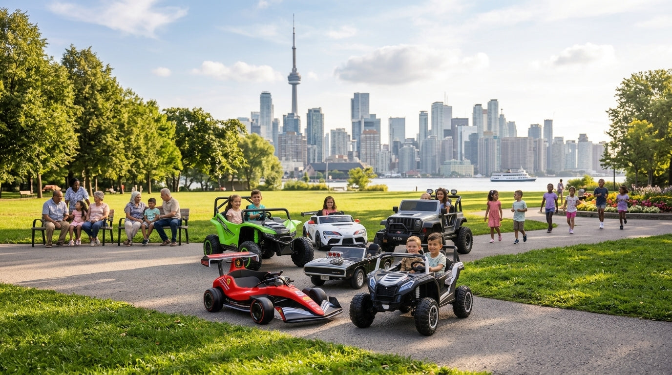 A group of children and adults enjoy riding small electric toy cars in a sunny park, with the Toronto skyline and CN Tower visible in the background. Explore GTA Ride-On Cars.