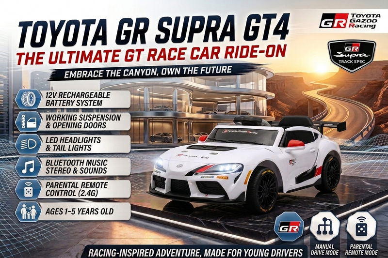 Toyota GR Supra GT4 12V Licensed Ride-On Car for Kids - Remote Control, Bluetooth, LED Lights