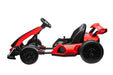 Red and black toy 24volts go-kart on a white background