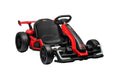Red and black toy go-kart on a white background