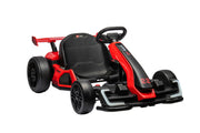 Red and black toy 24v go-kart on a white background