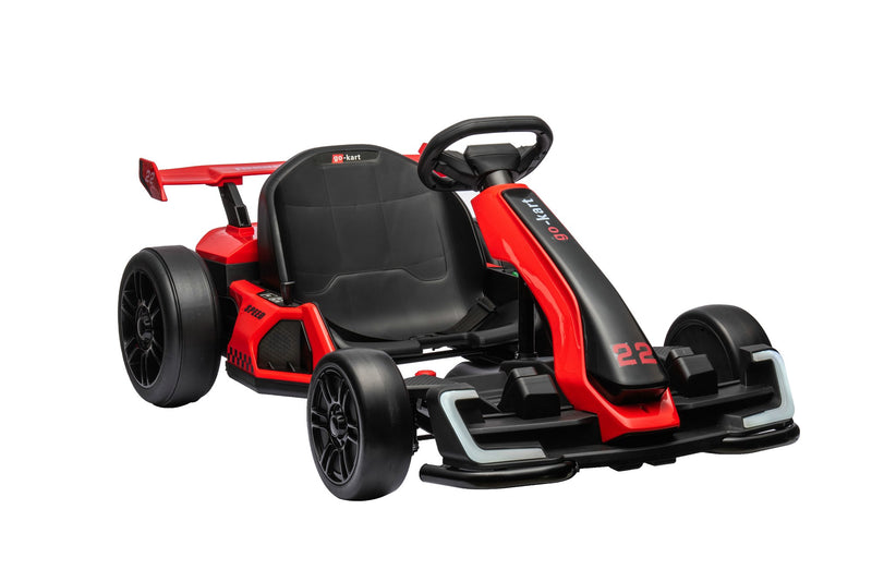 Red and black toy 24v go-kart on a white background