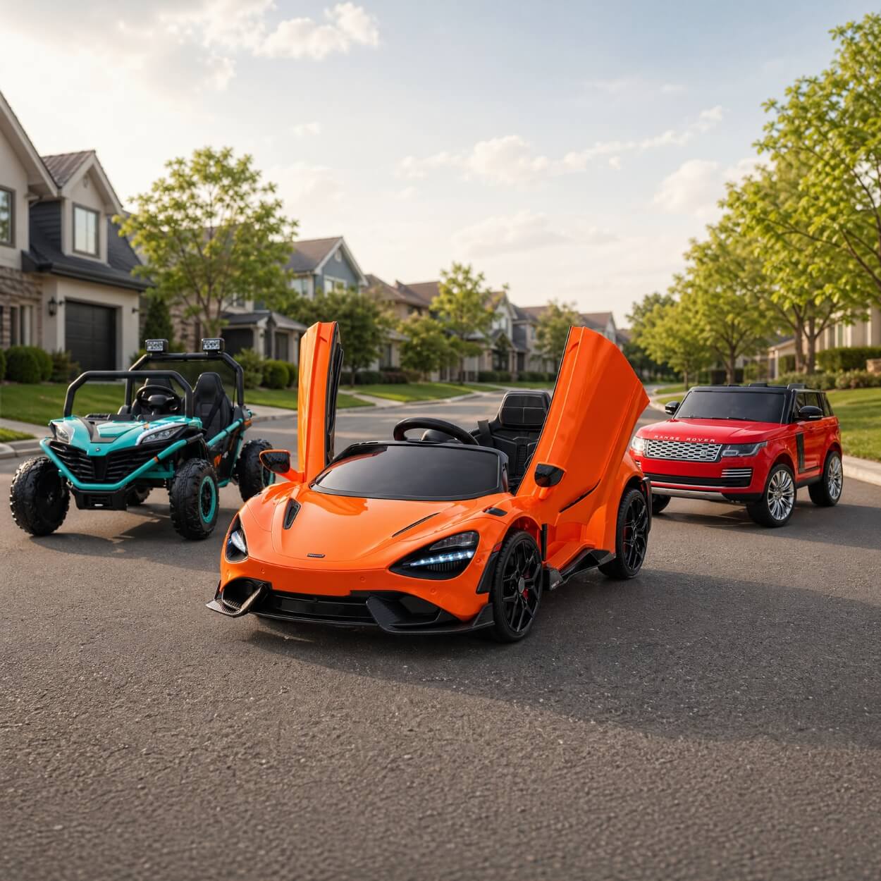 Three different kids ride-on cars shown together, highlighting the variety of styles and designs available at SonicTeck.