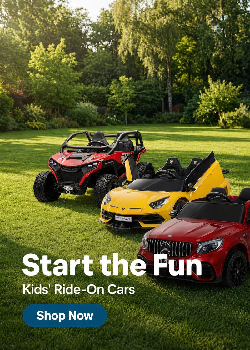 A group of happy kids driving battery-powered ride-on cars on a sunny day, highlighting SonicTeck's playful and family-friendly kids vehicle collection.