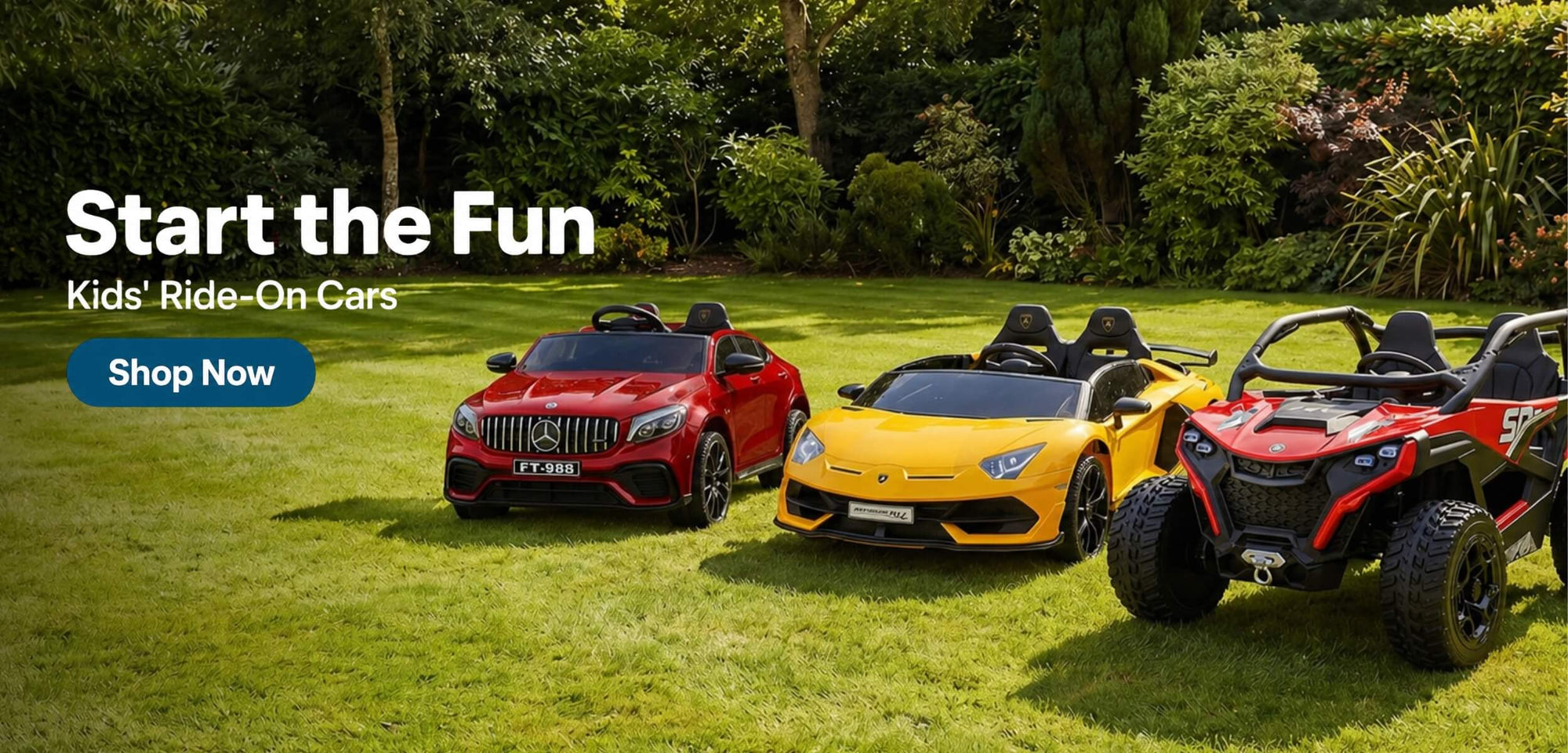 A group of happy kids driving battery-powered ride-on cars on a sunny day, highlighting SonicTeck's playful and family-friendly kids vehicle collection.