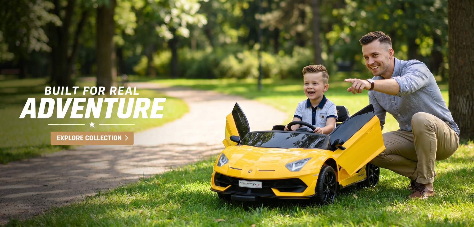 Smiling children riding colourful electric toy cars outdoors, showing SonicTeck's fun, kid-friendly ride-on vehicles in action.