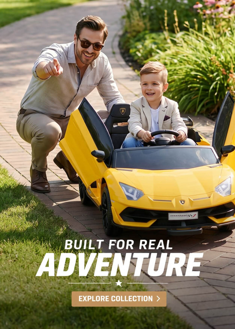 Smiling children riding colourful electric toy cars outdoors, showing SonicTeck's fun, kid-friendly ride-on vehicles in action